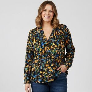 Corey Lynn Calter Dark Floral Silk Neck Tie‎ Popover Career Blouse, Size 2